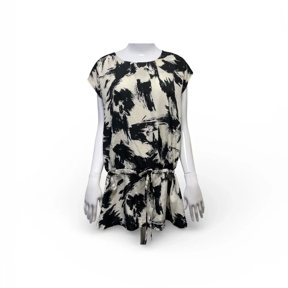 The Limited black cream dress cinch tie waist brush stroke tunic dress XS - Picture 11 of 14